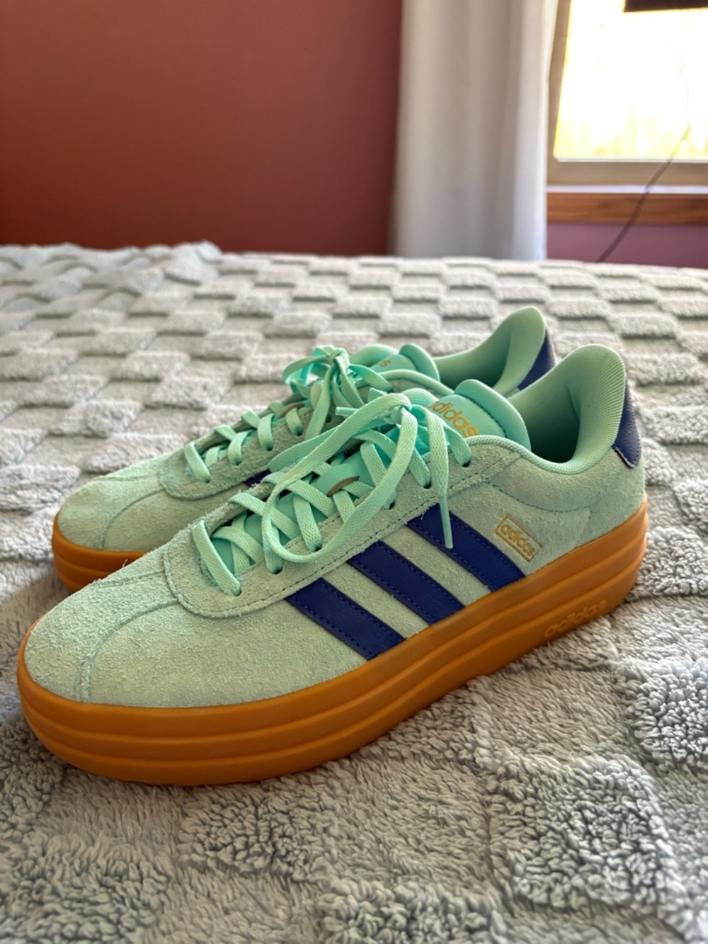 adidas Mint Green Suede Sneakers with Navy Stripes and Gum Sole